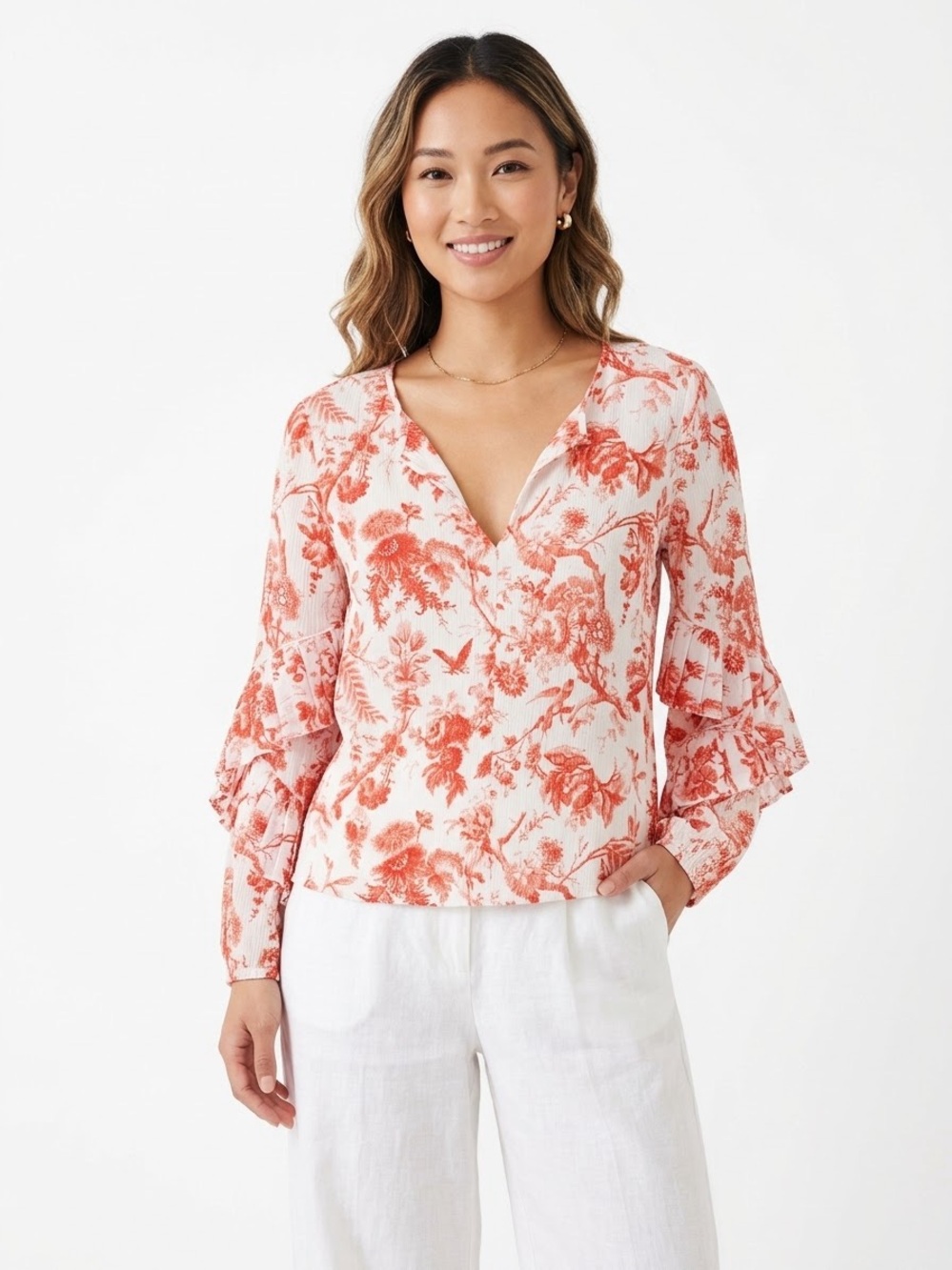 Club Monaco Toile Blouse Red & White Ruffle Sleeve V Neck Small
